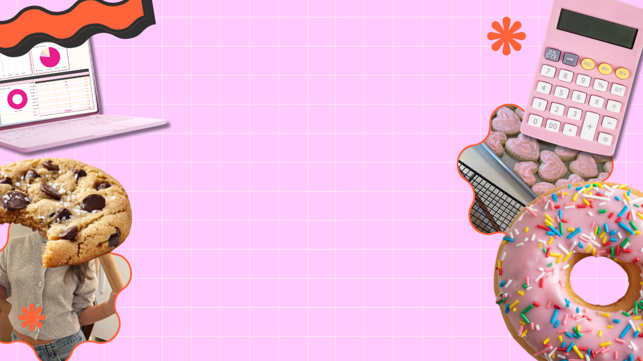 Collage of a cookie, laptop, calculator, and donut on a pink background