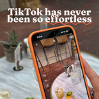 Phone screen showing a photo of a table with drinks and decor, with text 'TikTok has never been so effortless'.