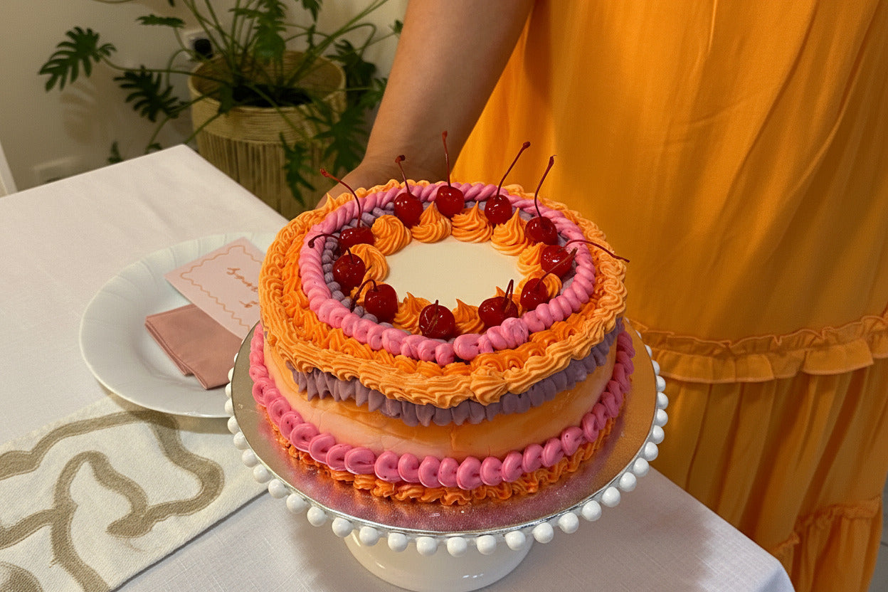 Colorful layered cake with pink, orange, and purple frosting on a white table.